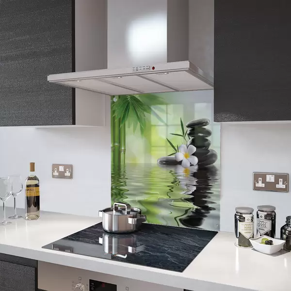 Glass Splashback With Fixing Holes in Relaxing Spa Scene - 60cm Wide x 100cm High