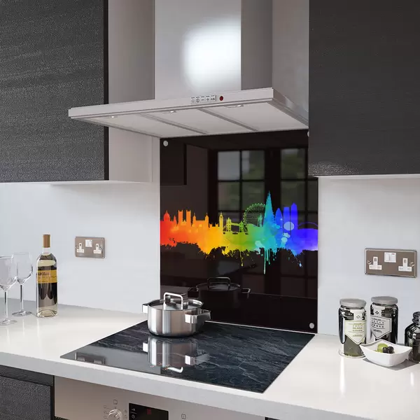 Glass Splashback With Fixing Holes in London Fusion on Black - 60cm Wide x 100cm High