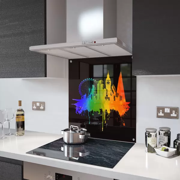 Glass Splashback With Fixing Holes in 'Pride' London on Black - 60cm Wide x 100cm High