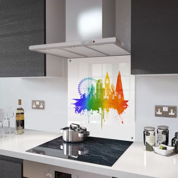 Glass Splashback With Fixing Holes in 'Pride' London on White - 60cm Wide x 100cm High