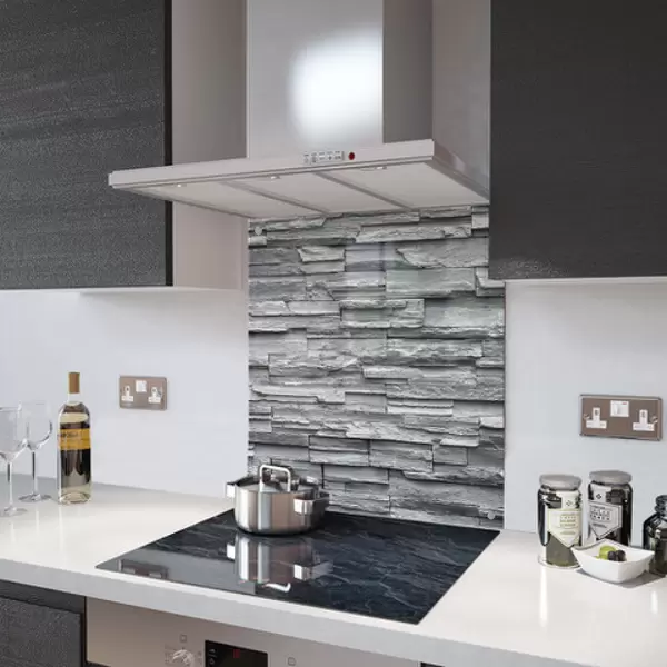 Glass Splashback With Fixing Holes in Slate Wall - 60cm Wide x 100cm High