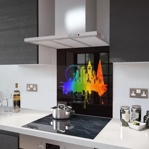 'Pride' London on Black - Kitchen Glass Splashback - 40cm Wide x 60cm High