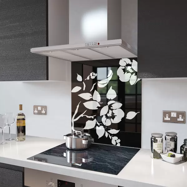 Glass Splashback With Fixing Holes in Black Floral - 60cm Wide x 100cm High