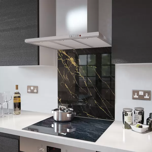 Glass Splashback With Fixing Holes in Black Gold Veins - 60cm Wide x 100cm High