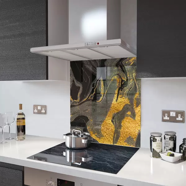 Glass Splashback With Fixing Holes in Black Gold - 60cm Wide x 100cm High