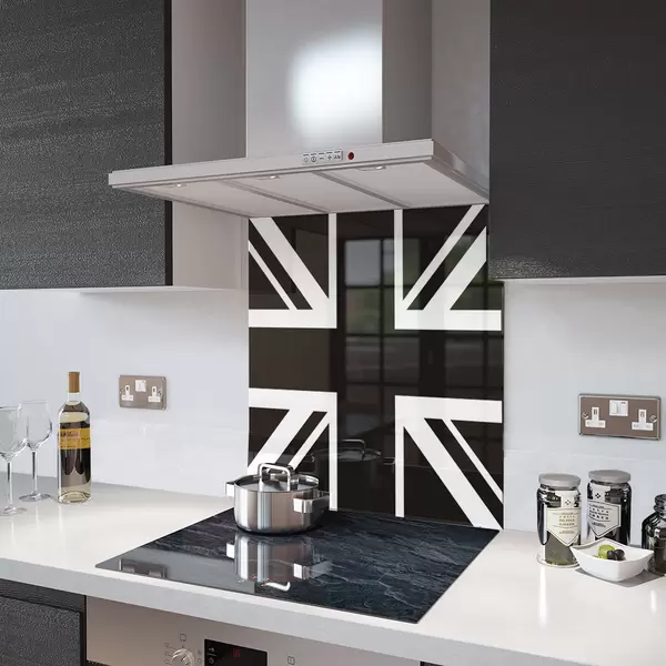 Glass Splashback With Fixing Holes in Black N White Union Jack - 60cm Wide x 100cm High