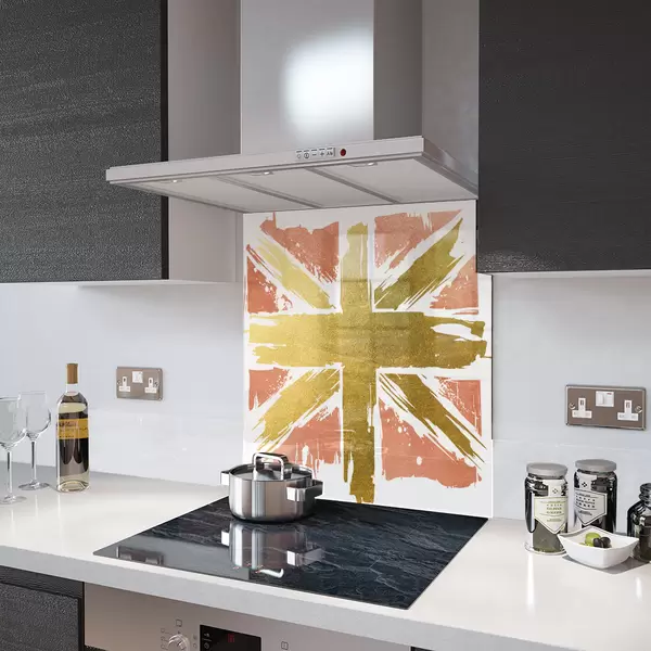 Glass Splashback With Fixing Holes in Copper N Gold Painted Union Jack - 60cm Wide x 100cm High