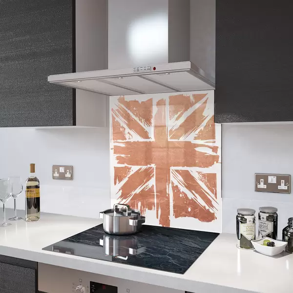 Glass Splashback With Fixing Holes in Copper Painted Union Jack - 60cm Wide x 100cm High