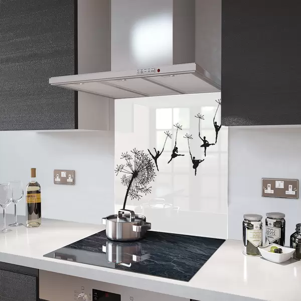 Glass Splashback With Fixing Holes in Dandelion Ballerinas On White - 60cm Wide x 100cm High