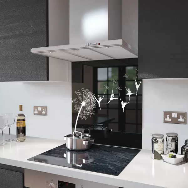Glass Splashback With Fixing Holes in Dandelion Ballet - 60cm Wide x 100cm High