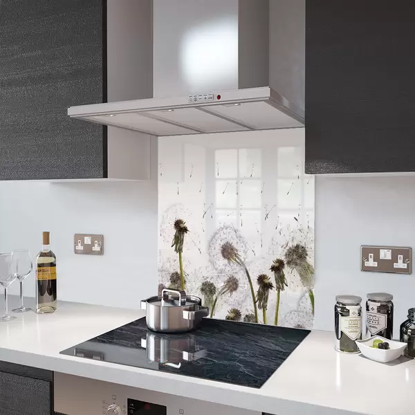 Glass Splashback With Fixing Holes in Dandelion Clocks - 60cm Wide x 100cm High