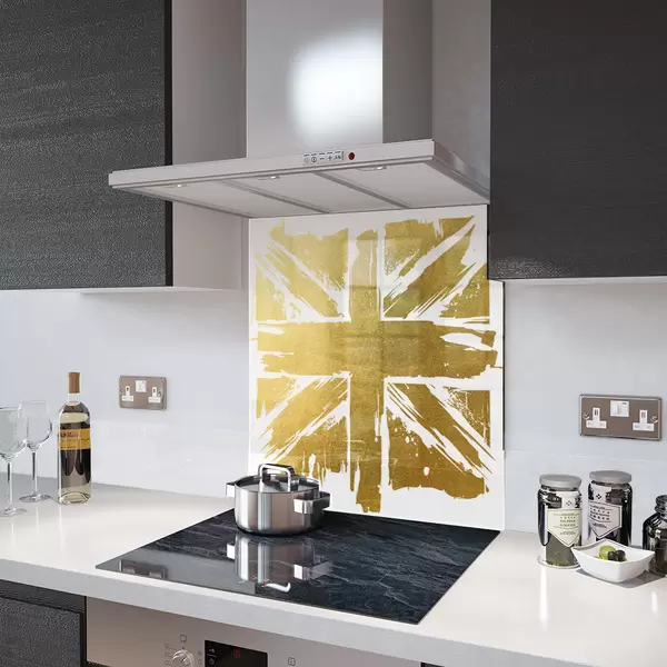 Glass Splashback With Fixing Holes in Gold Painted Union Jack - 60cm Wide x 100cm High