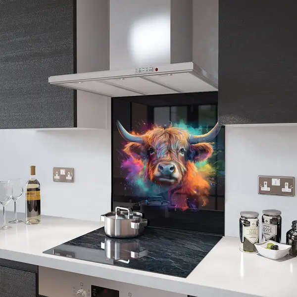 Glass Splashback With Fixing Holes in Highland Cow On Black - 60cm Wide x 100cm High