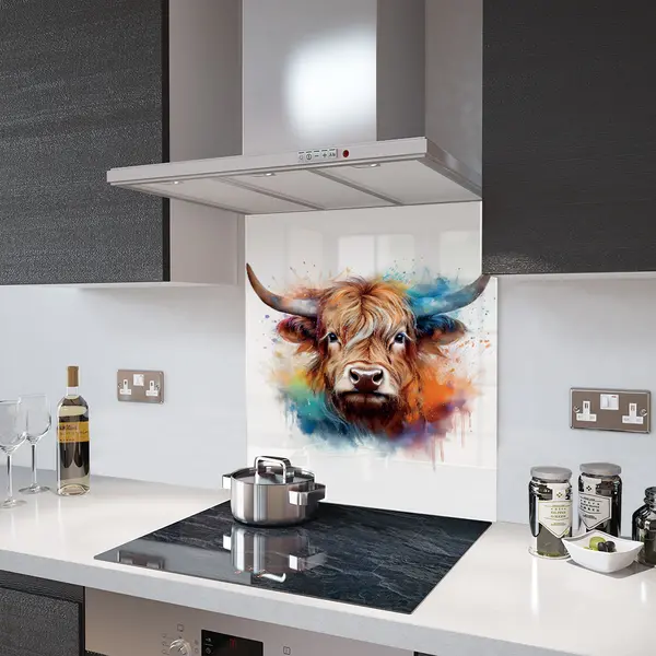 Glass Splashback With Fixing Holes in Highland Cow On White - 60cm Wide x 100cm High