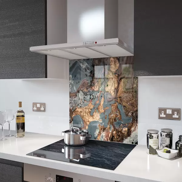 Glass Splashback With Fixing Holes in Liquid Gold - 60cm Wide x 100cm High