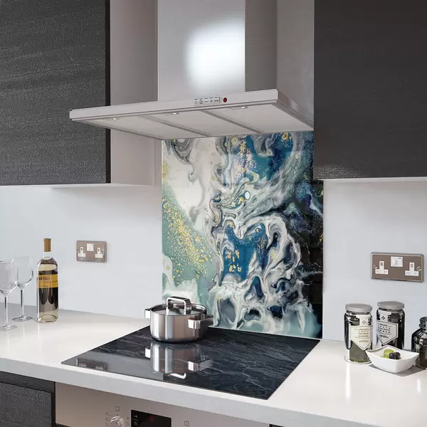 Glass Splashback With Fixing Holes in Liquid Ocean - 60cm Wide x 100cm High