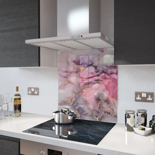 Glass Splashback With Fixing Holes in Liquid Pink Marble - 70cm Wide x 65cm High