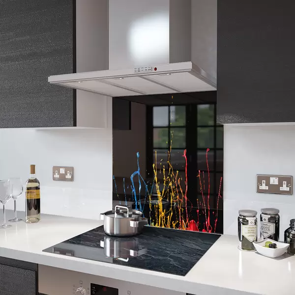 Glass Splashback With Fixing Holes in Paint Splash - 60cm Wide x 100cm High