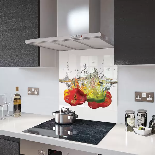 Glass Splashback With Fixing Holes in Peppers In Water On White - 60cm Wide x 100cm High