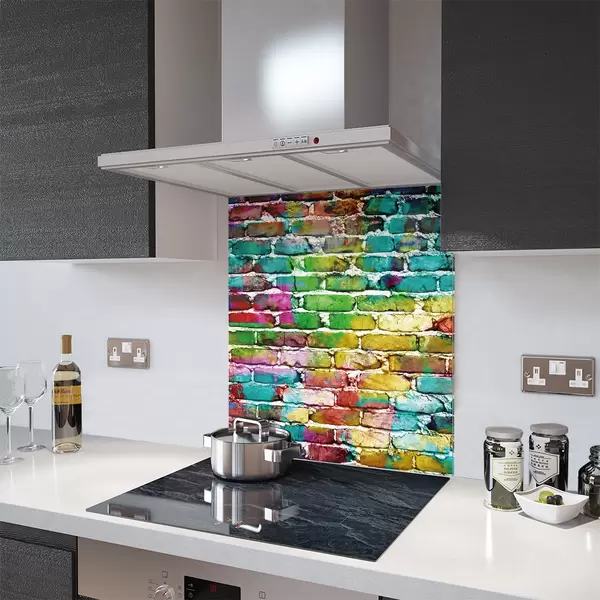 Glass Splashback With Fixing Holes in Rainbow Brick Wall - 60cm Wide x 100cm High