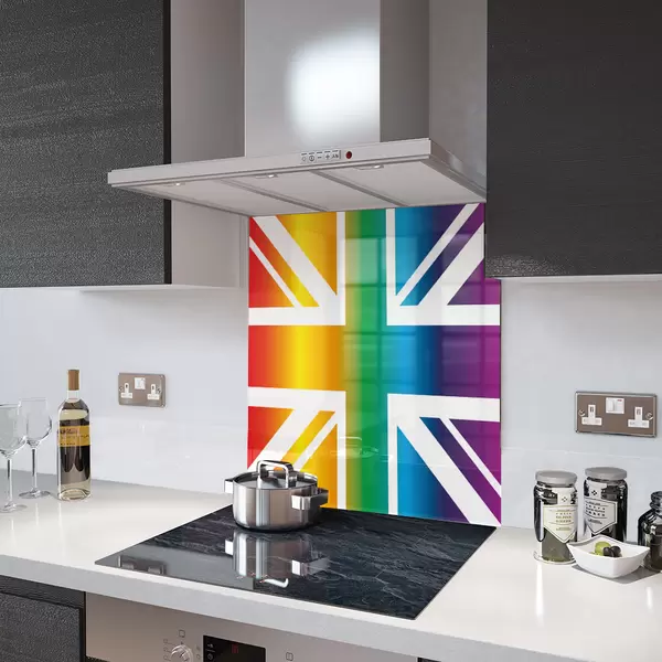 Glass Splashback With Fixing Holes in Rainbow Union Jack - 60cm Wide x 100cm High