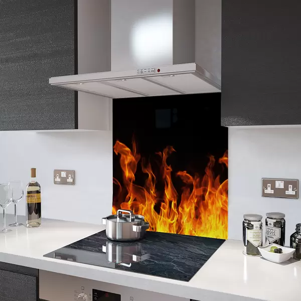 Glass Splashback With Fixing Holes in Real Flames - 60cm Wide x 100cm High