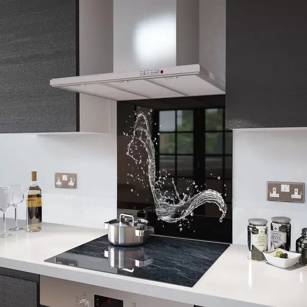 Glass Splashback With Fixing Holes in Splash On Black - 60cm Wide x 100cm High