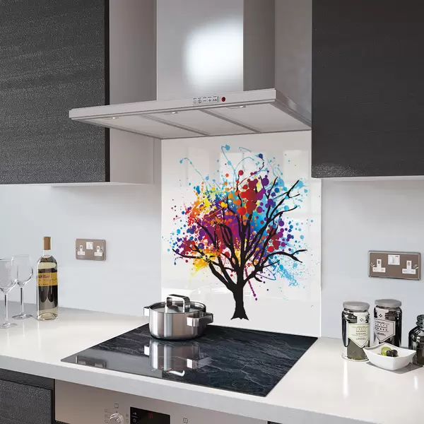 Glass Splashback With Fixing Holes in Tree Splash - 60cm Wide x 100cm High