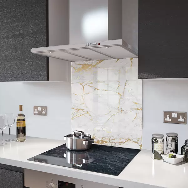 Glass Splashback With Fixing Holes in White Gold Veins - 60cm Wide x 100cm High