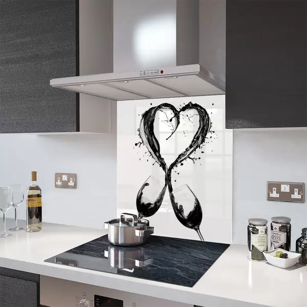 Glass Splashback With Fixing Holes in Wine Splash Heart BW - 60cm Wide x 100cm High