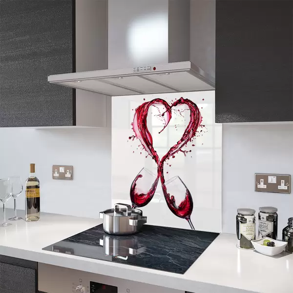 Glass Splashback With Fixing Holes in Wine Splash Heart - 60cm Wide x 100cm High