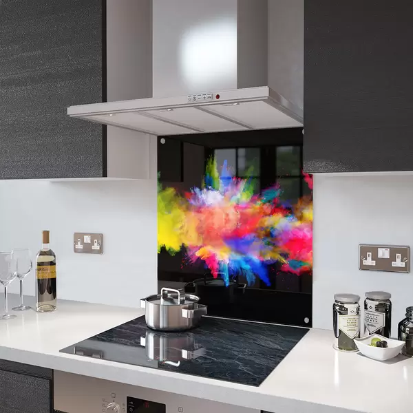 Glass Splashback With Fixing Holes in Colour Fusion on Black - 60cm Wide x 100cm High