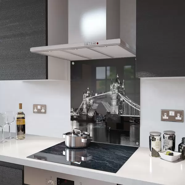 Glass Splashback With Fixing Holes in Tower Bridge in B&W - 60cm Wide x 100cm High