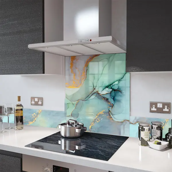 Digital Print Glass Upstand Liquid Aquamarine 100cm x 14cm