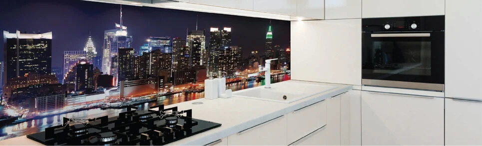 image of a kitchen with city scene digitally printed glass splashback