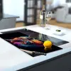 Illustration of Glass Hob Cover / Chopping Board in Highland Cow On Black - 30cm Wide x 52cm High